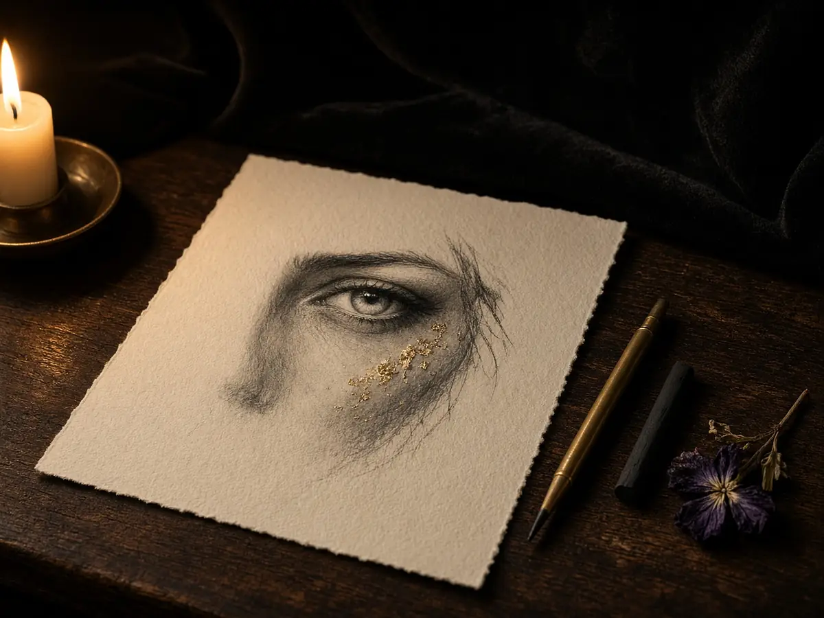 Unfinished charcoal portrait on an artist’s desk