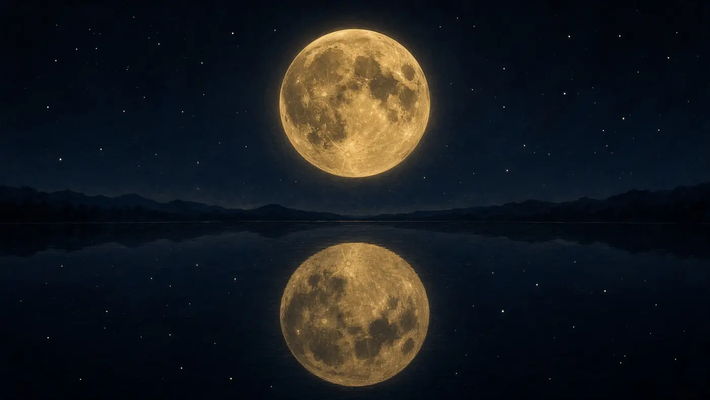Gold moon over still dark water